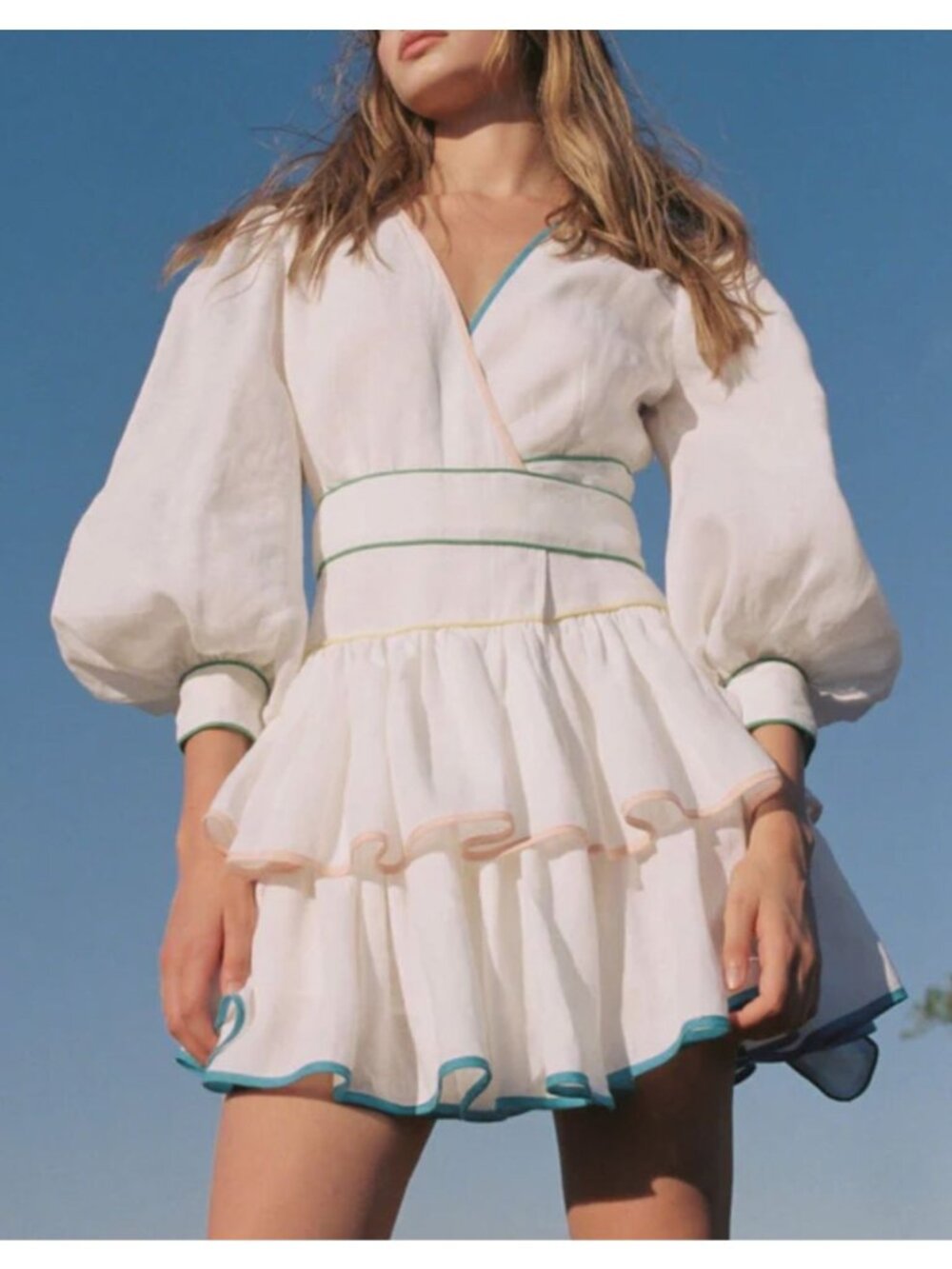 MAIA BERGMAN Mika Rainbow Stripe White Linen Wrap Mini Dress Small